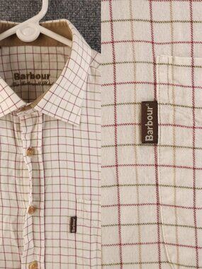 Barbour Flannel Red Green Beige Medium All Cotton Point Soft Check Button Up Men
